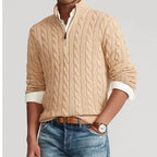 Men's Cable Knit Jumper with Half Zip Stand Collar