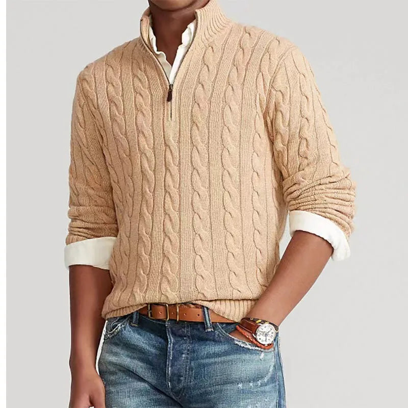 Men's Cable Knit Jumper with Half Zip Stand Collar
