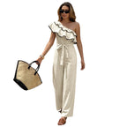 One Shoulder Ruffle Belted Jumpsuit