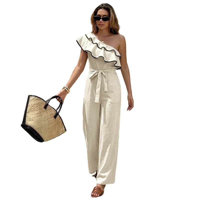 One Shoulder Ruffle Belted Jumpsuit