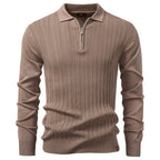 Men's Quarter Zip Polo Sweater with Long Sleeves and Ribbed Collar