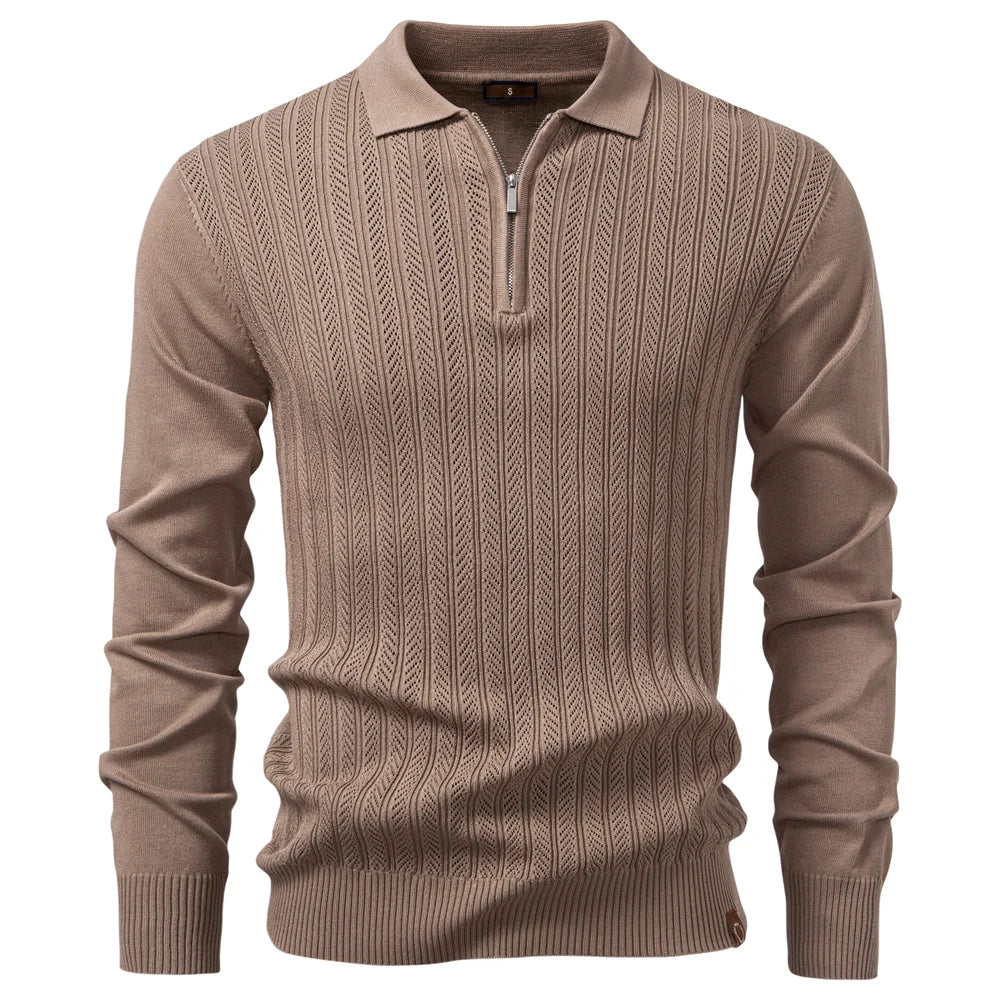 Men's Quarter Zip Polo Sweater with Long Sleeves and Ribbed Collar