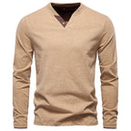 Men's Classic Long Sleeve V Neck Pullover Shirt with Buttons