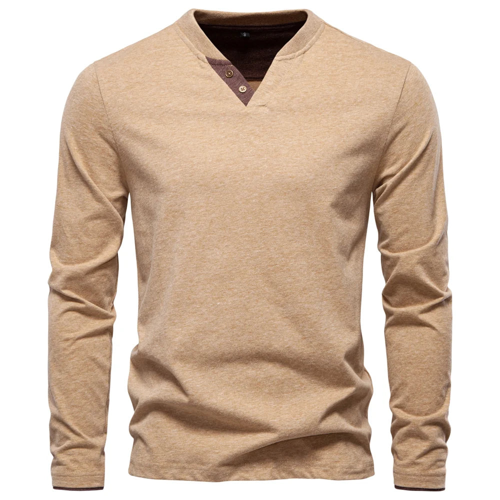 Men's Classic Long Sleeve V Neck Pullover Shirt with Buttons