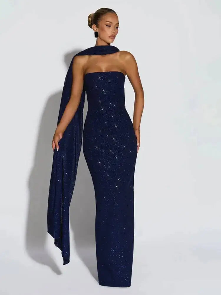 Women's Matching Scarf Strapless Long Dress
