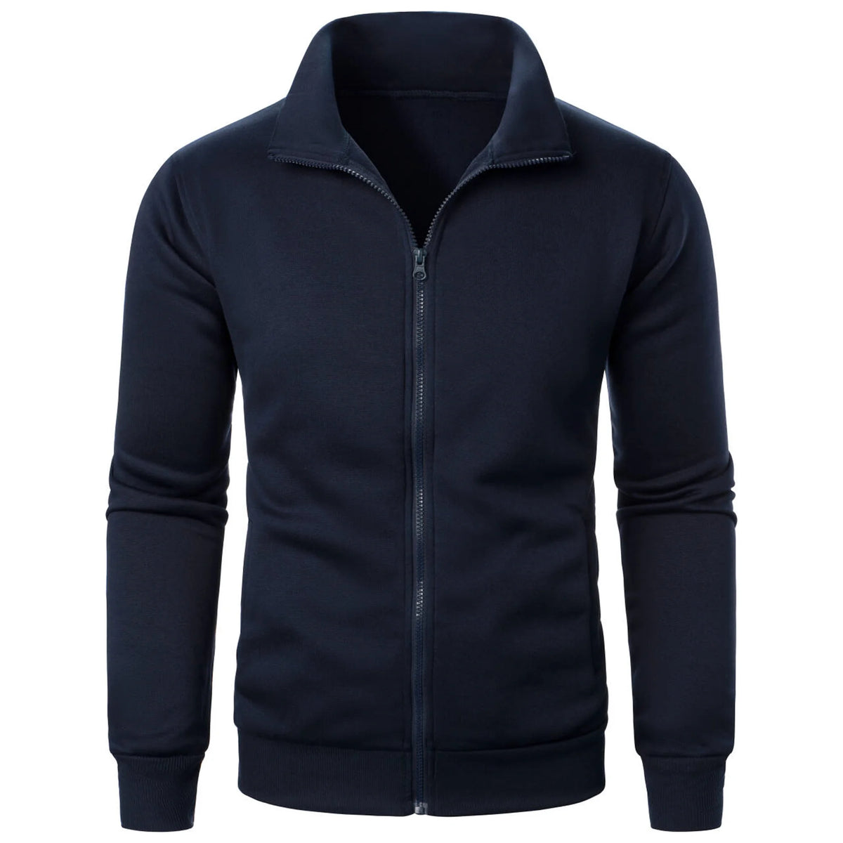 Men's Full Zip Jumper – Long Sleeve Stand Collar Sweater with Ribbed Cuffs