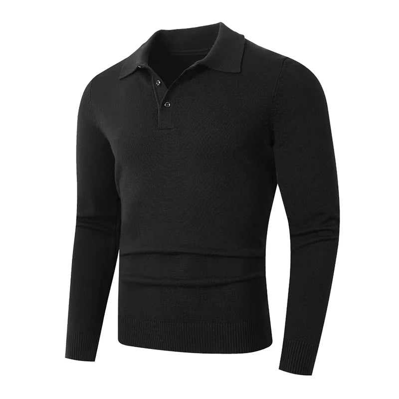 Men's Knitted Polo Jumper with Long Sleeves Ribbed Hem
