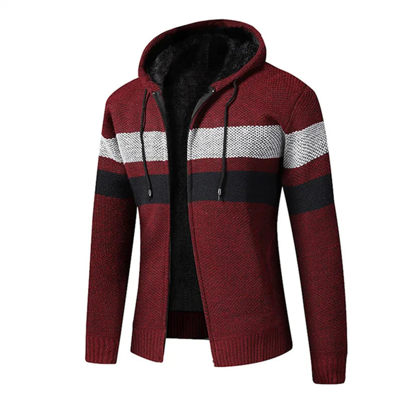 Men's Knitted Zip Up Hoodie – Long Sleeve Hooded Jumper with Stripe Detail