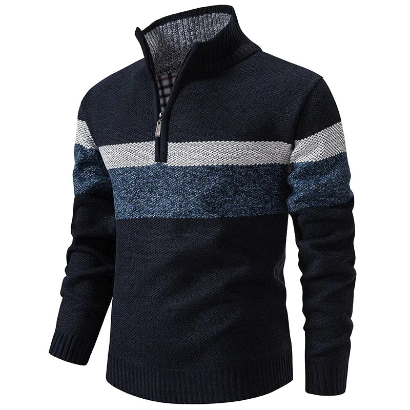 Men's Knitted Striped Quarter-Zip Jumper – Long Sleeve High Neck Pullover Sweater