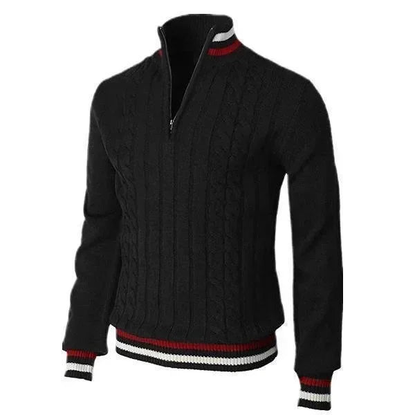 Men's Cable Knit Quarter Zip Jumper with Striped Trim