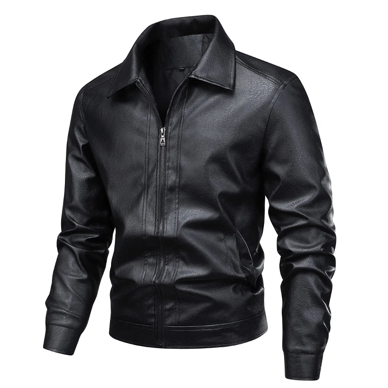 Men's Leather Look Jacket – Full Zip Front, Long Sleeves and Pointed Collar