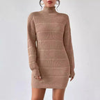 Women's Knitted Sweater Dress – Ribbed Turtleneck Mini Dress with Long Sleeves
