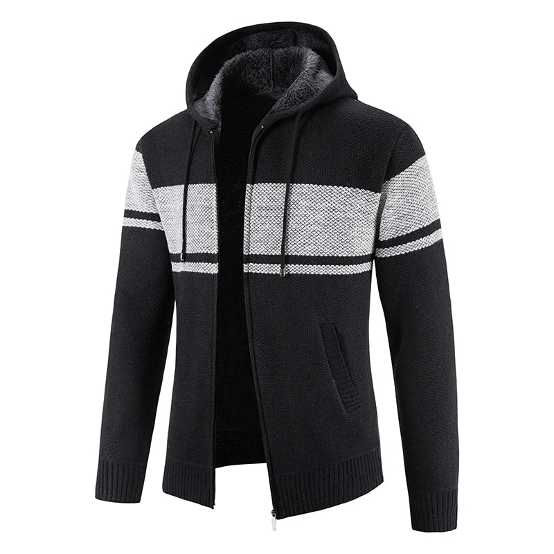 Men's Knitted Hooded Jacket – Full Zip Long Sleeve Striped Jumper