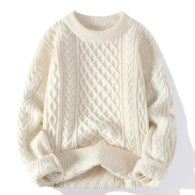 Men's Cable Knit Jumper with Textured Pattern and Ribbed Trims