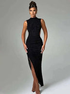 High Neck Fitted Maxi Dress With Lace