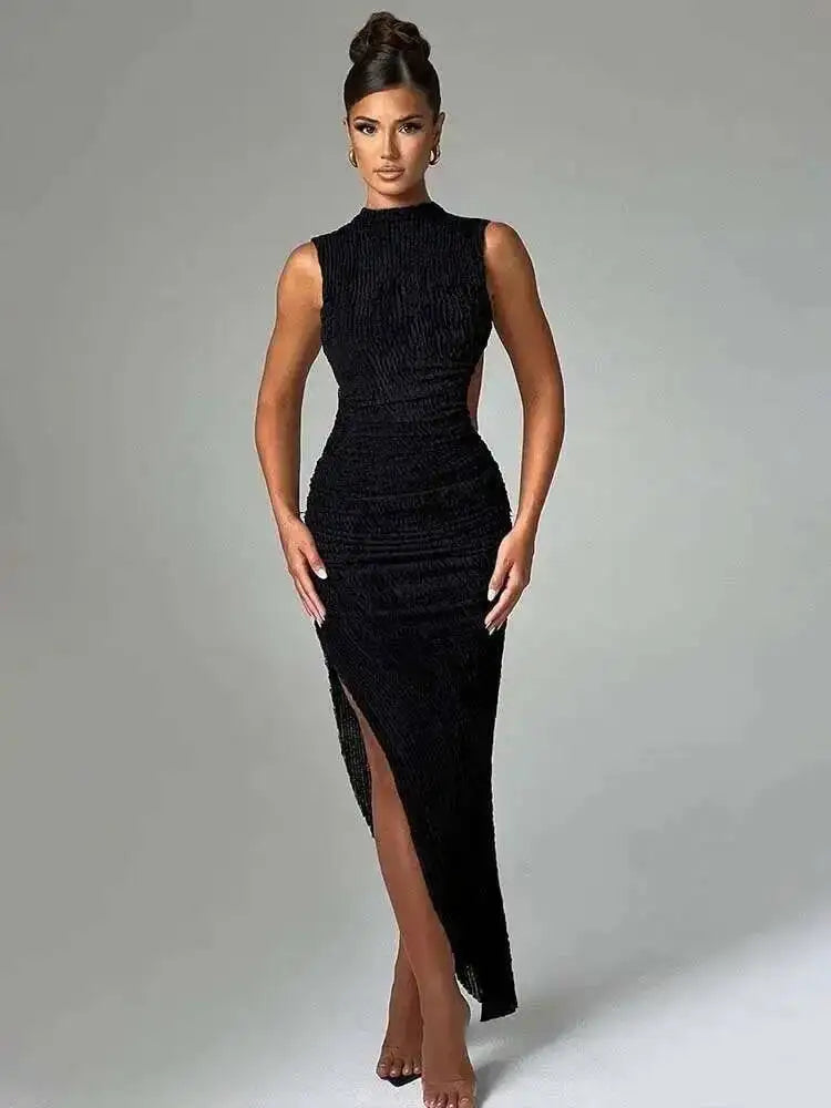 High Neck Fitted Maxi Dress With Lace