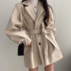 Women's Belted Double Breasted Coat – Long Sleeve Lapel Collar Button Front