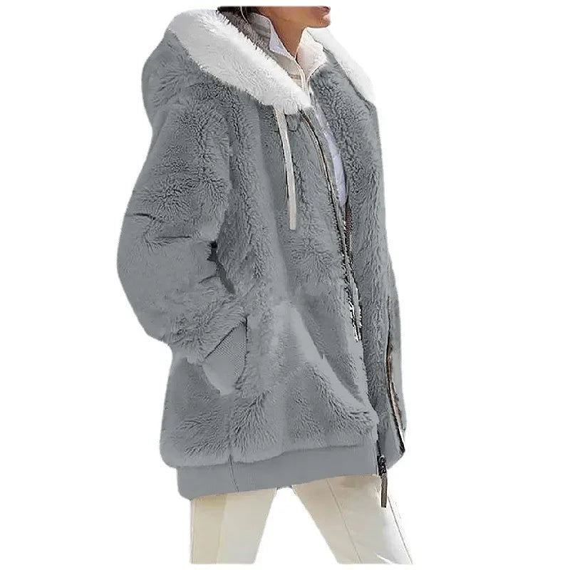 Women's Fleece Zip Up Teddy Coat – Hooded Plush Jacket for Cold Weather with Pockets