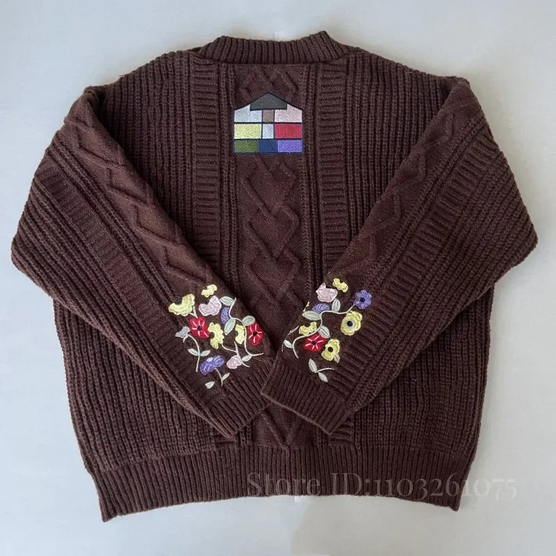 Women's Knitted Cardigan with Floral Embroidery – V Neck Long Sleeve Button Front Sweater