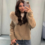 Women's Knitted Jumper with Fur Collar – Long Sleeve Zip Front Sweater