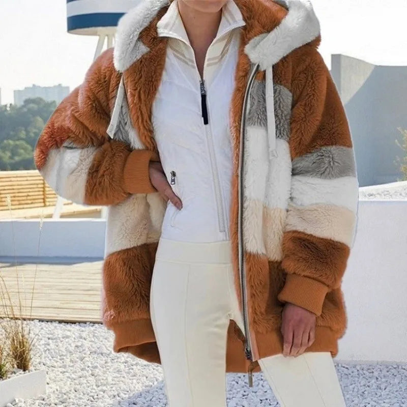 Women's Teddy Fleece Hooded Jacket – Zip Front Long Sleeve Winter Coat with Pockets