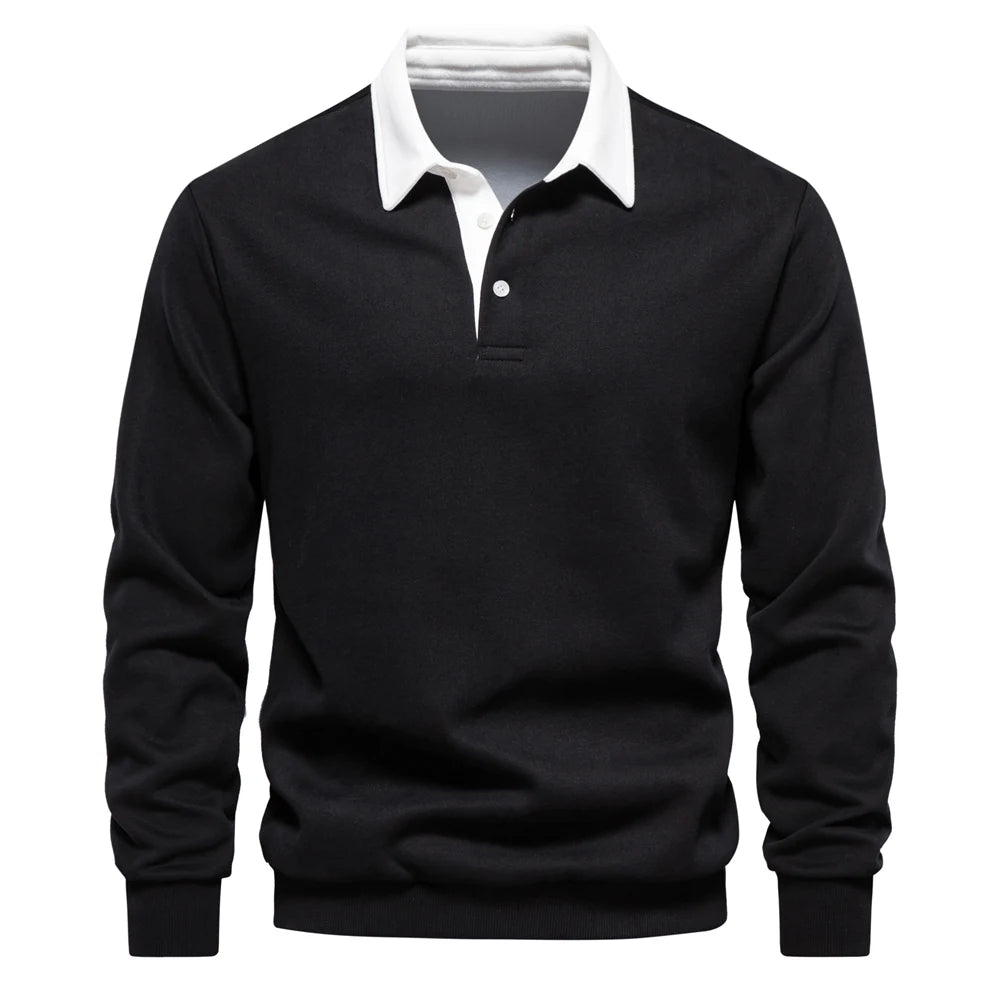 Men's Classic Collared Long Sleeve Polo Shirt with Ribbed Cuffs