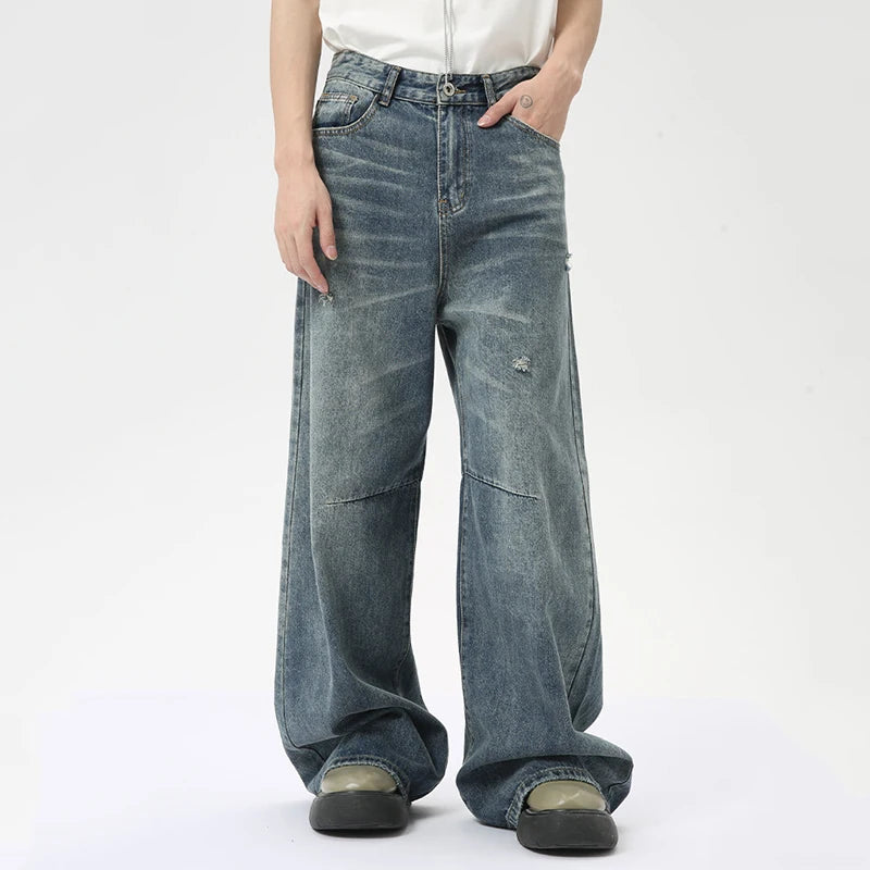 Men's Relaxed Wide Leg Denim Jeans With Button Zip Closure