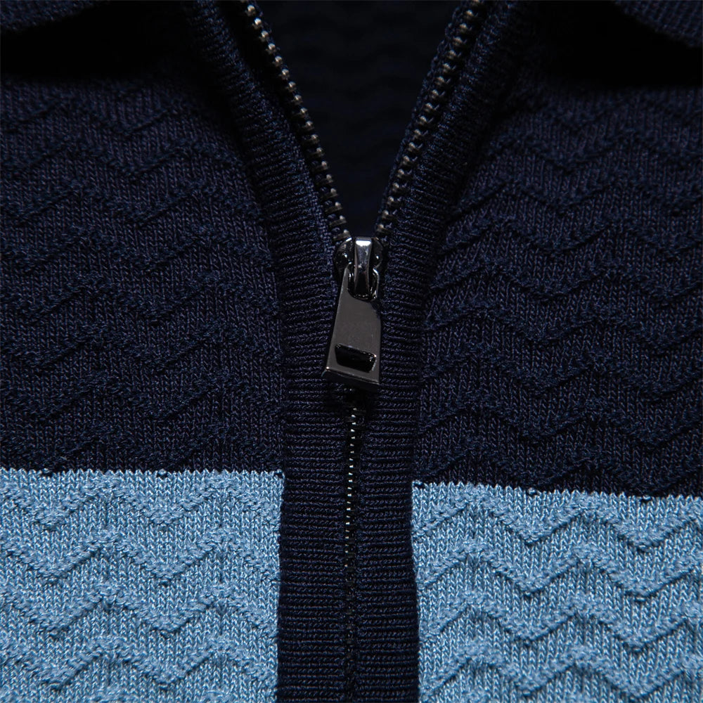 Men's Chest Stripe Polo Shirt with Short Sleeves and Zip Neck