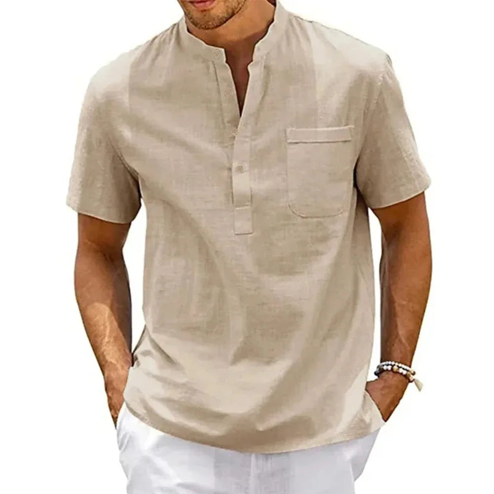 Band Collar Button Front Short Sleeve Shirt
