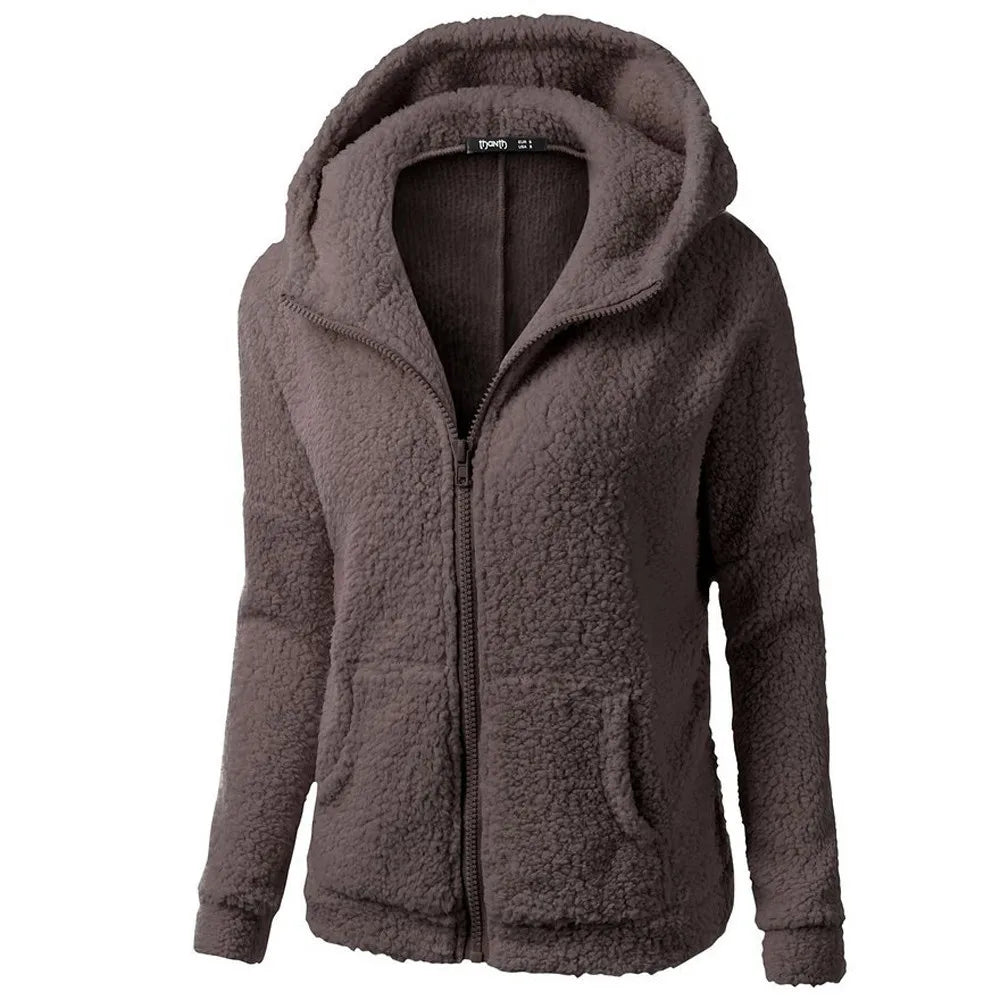 Women's Fleece Hooded Jacket – Full Zip Long Sleeve Winter Coat with Pockets
