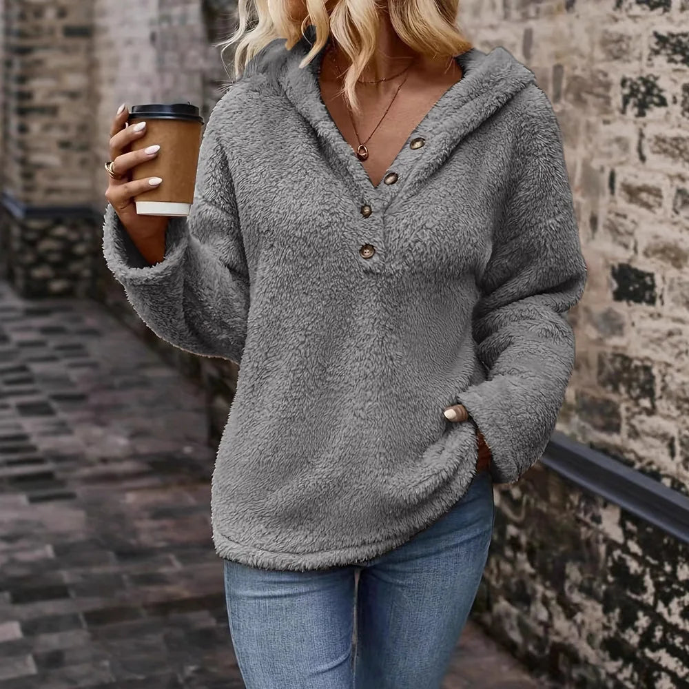 Women's Hooded Pullover Sweater – Button Neck Long Sleeve Jumper with Front Pockets
