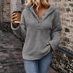 Women's Hooded Pullover Sweater – Button Neck Long Sleeve Jumper with Front Pockets