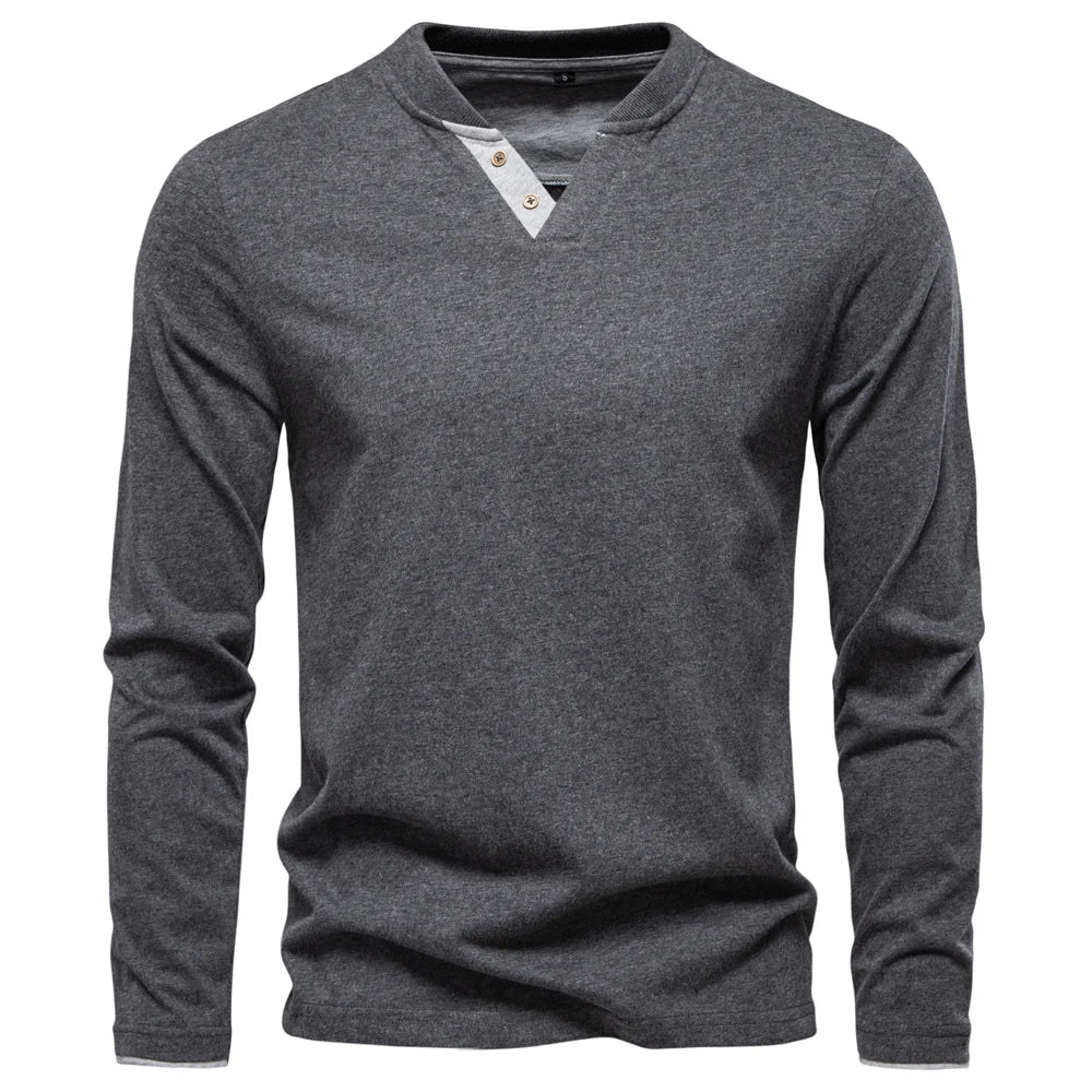 Men's Classic Long Sleeve V Neck Pullover Shirt with Buttons