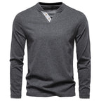 Men's Classic Long Sleeve V Neck Pullover Shirt with Buttons