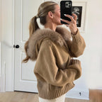 Women's Knitted Jumper with Fur Collar – Long Sleeve Zip Front Sweater