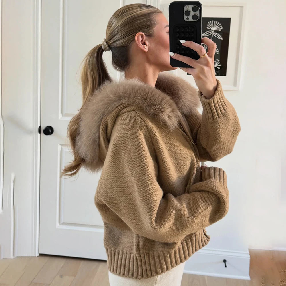 Women's Knitted Jumper with Fur Collar – Long Sleeve Zip Front Sweater