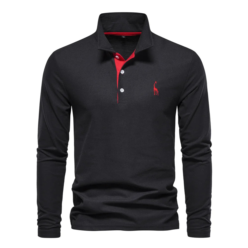 Men's Classic Collared Long Sleeve Polo Shirt with Embroidered Detail