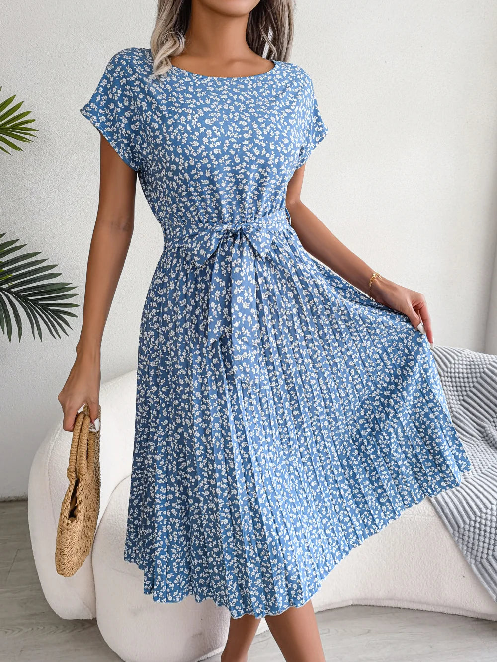 Women's Smocked Waist Printed Midi Swing Dress