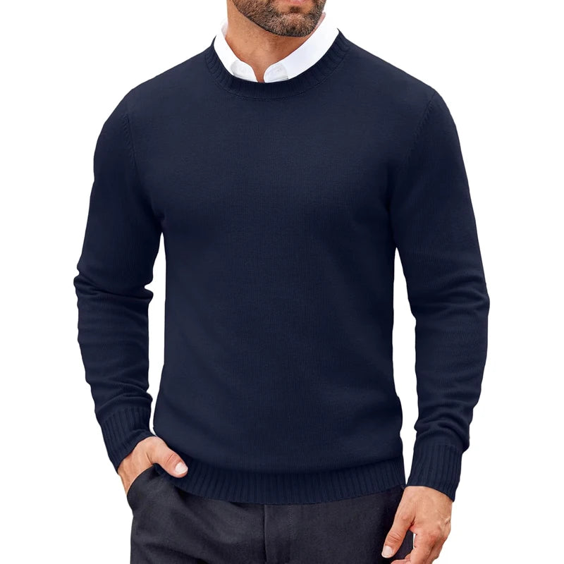 Men's Crew Neck Knitted Jumper with Ribbed Cuffs