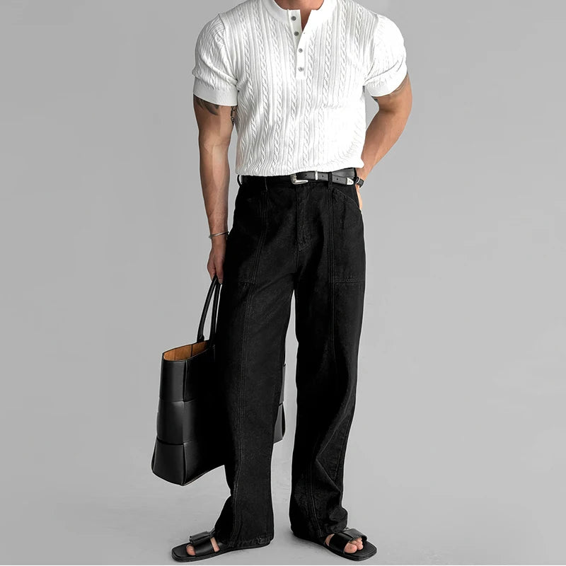 Mens Ribbed Texture Henley Polo Shirt
