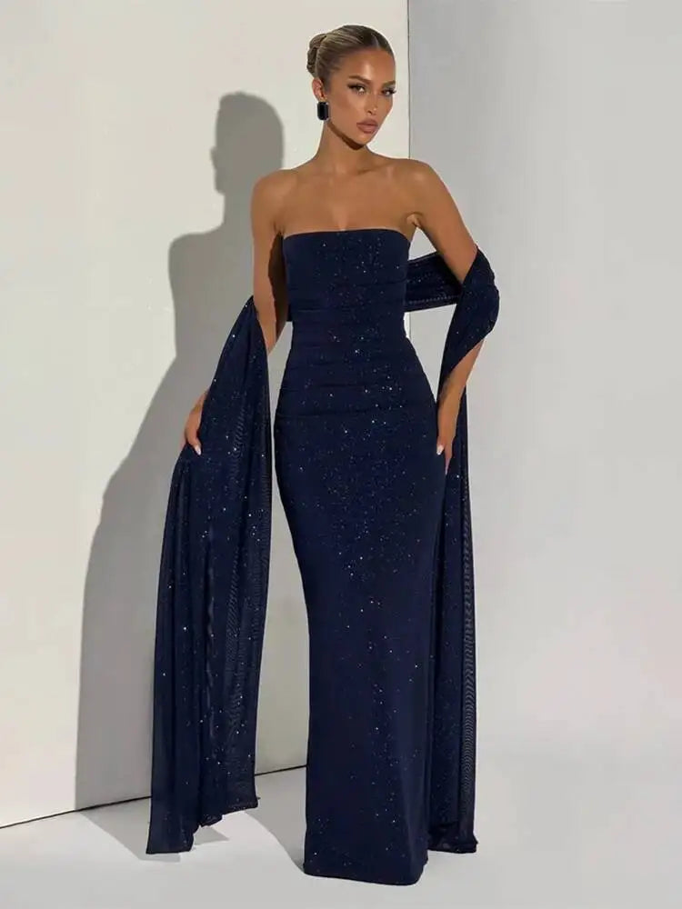 Women's Matching Scarf Strapless Long Dress