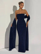 Women's Matching Scarf Strapless Long Dress