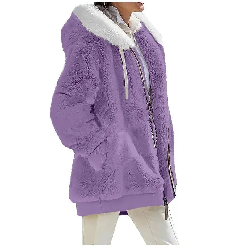 Women's Fleece Zip Up Teddy Coat – Hooded Plush Jacket for Cold Weather with Pockets Main image