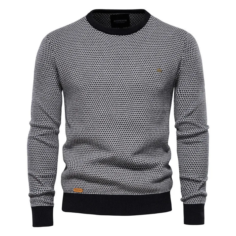 Men's Knitted Crew Neck Jumper – Textured Long Sleeve Sweater with Ribbed Cuffs