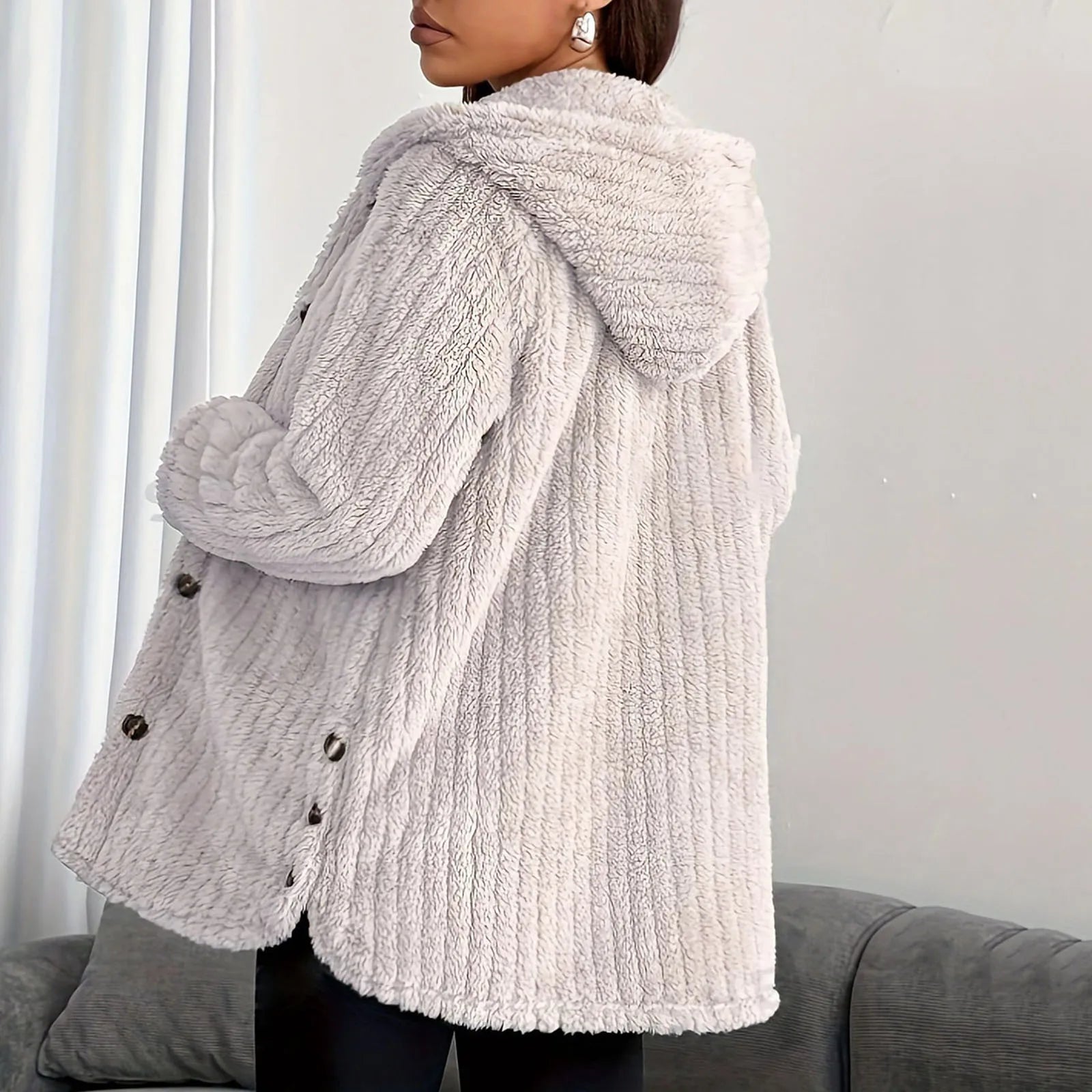 Women's Knitted Hooded Cardigan – Long Sleeve Button Front Jumper with Pockets