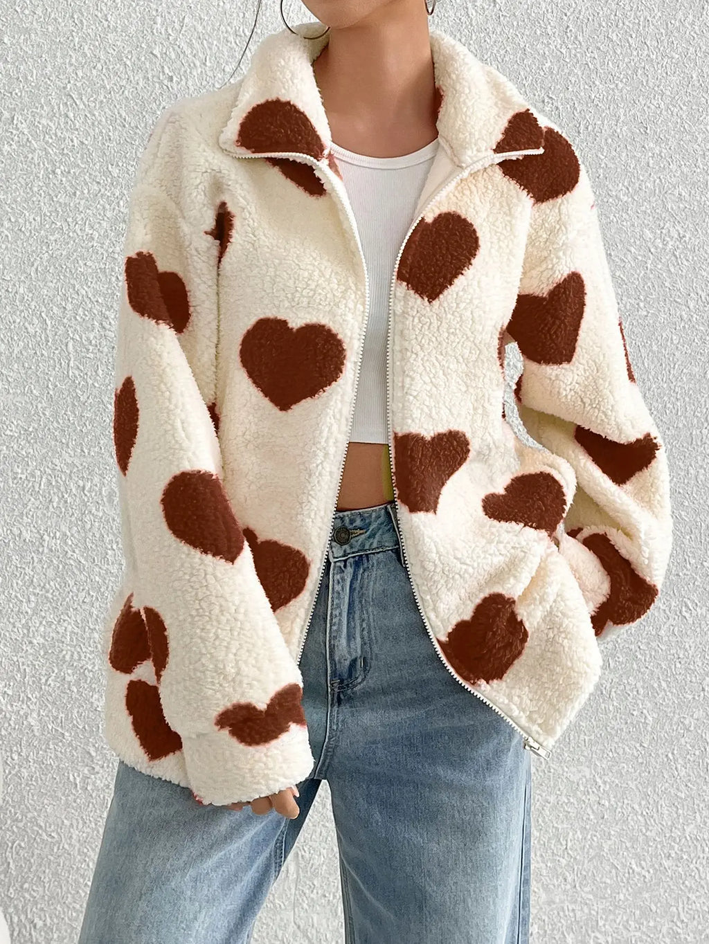 Women's Heart Print Zip Up Jacket – Long Sleeve Collared Casual Outerwear