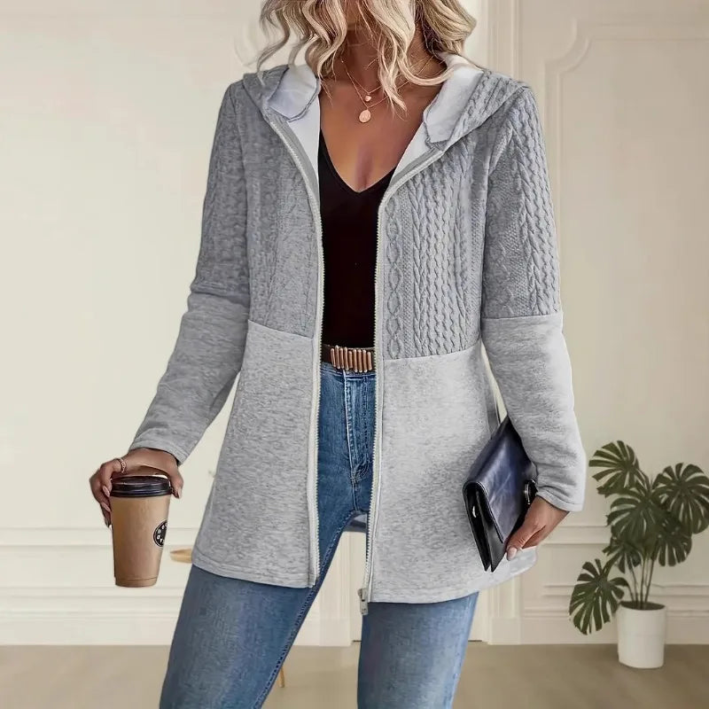Women's Hooded Knit Cardigan – Zip Front Jacket with Long Sleeves and Pockets