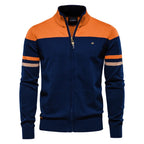 Men's Full Zip Jumper with Stand Collar – Long Sleeve Colour Block Knit