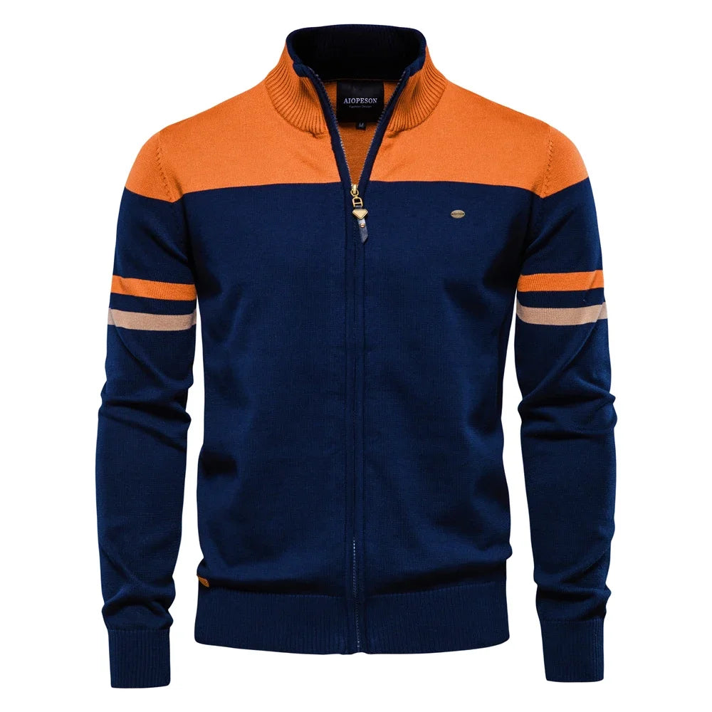 Men's Full Zip Jumper with Stand Collar – Long Sleeve Colour Block Knit