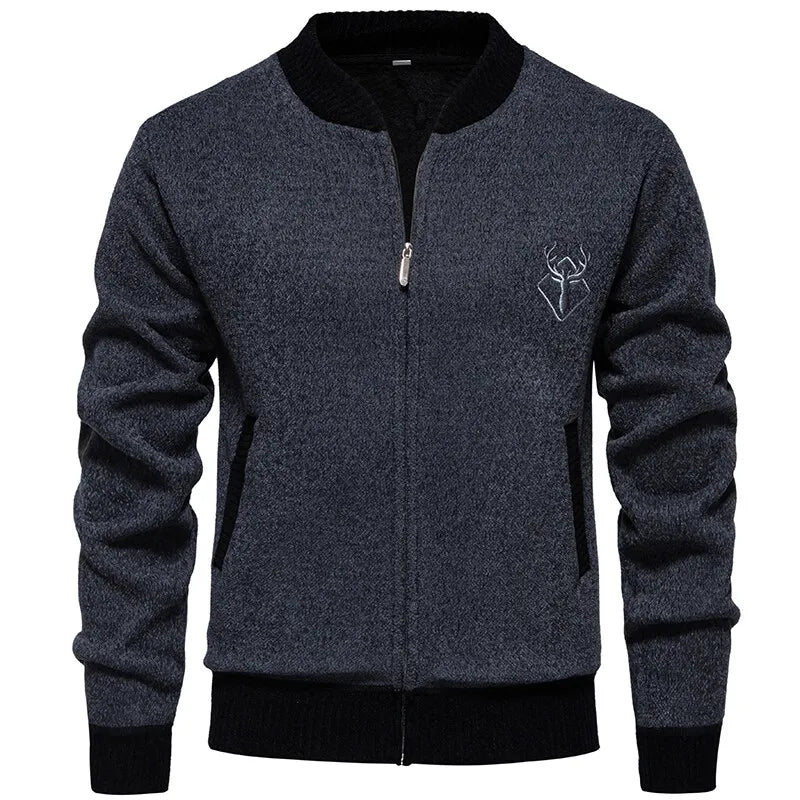 Men's Knitted Zip-Up Jacket – Stand Collar Long Sleeve Ribbed Cuffs Pockets